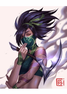 Akali from League of Legends with a blank / unemotional look.