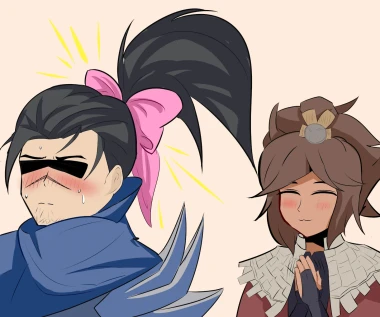 Yasuo and Taliyah from the game League of Legends. Yasuo has a large pink bow tying up his hair.