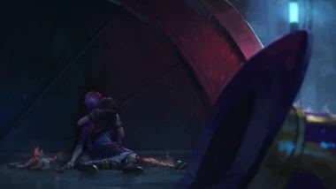Vi from League of Legends slumped against a wall, being clutched by Caitlyn.