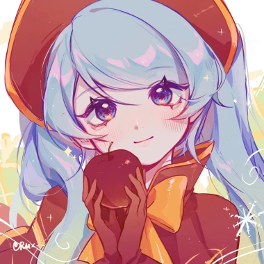 Silent Night Sona from League of Legends holding an apple.