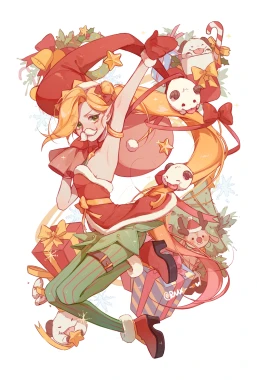 Jinx from League of Legends dressed with Christmas-themed attire.