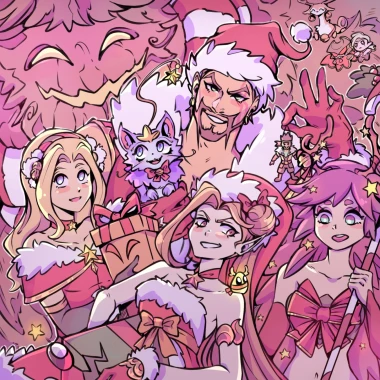 Several League of Legends characters wearing Christmas-themed clothes.