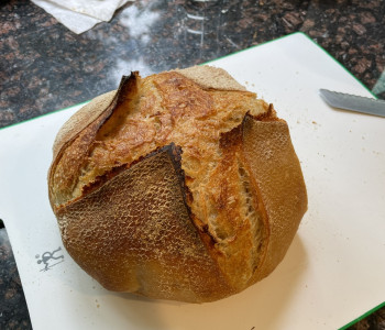 Photo of a sourdough loaf on a cutting board
