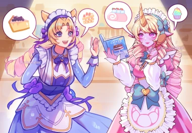 Gwen and Soraka from League of Legends in their "Cafe Cutie" skins.