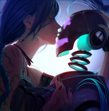 Jinx from League of Legends embracing and kissing a robot.