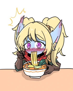 Poppy from League of Legends eating ramen while blushing profusely.