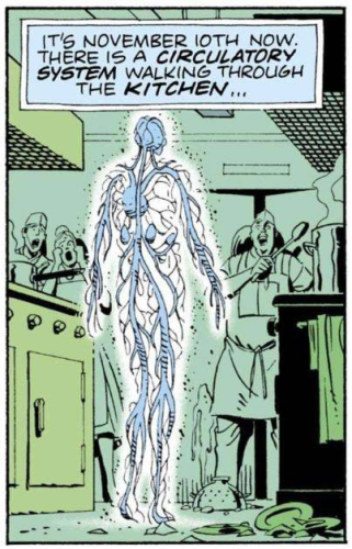 Dr Manhattan narrates: "It's November 10th now. There is a CIRCULATORY SYSTEM walking through the KITCHEN . . ."