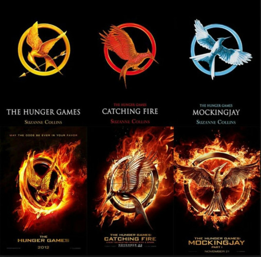 The Hunger Games boom covers and movie posters.