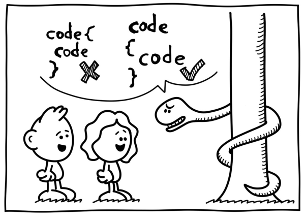 This is a comic about code indention style focusing on K&R vs Allman style