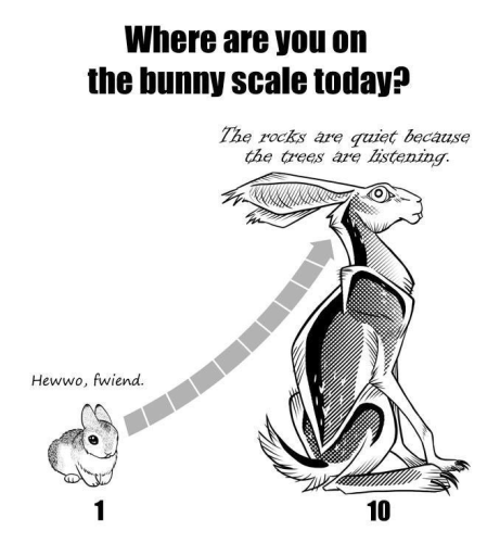 Where are you on the bunny scale today?

1: A very small and adorable bunny.
Quote: Hewwo, fwiend.

10: A very large hare with long limbs and angular features.
Quote: The rocks are quiet because the trees are listening.