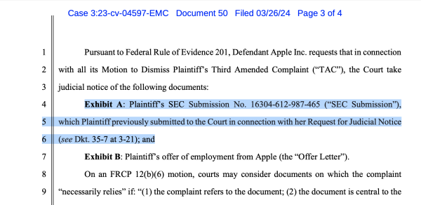 Exhibit A: Plaintiff’s SEC Submission No. 16304-612-987-465 (“SEC Submission”),
5 which Plaintiff previously submitted to the Court in connection with her Request for Judicial Notice
6 (see Dkt. 35-7 at 3-21); and
