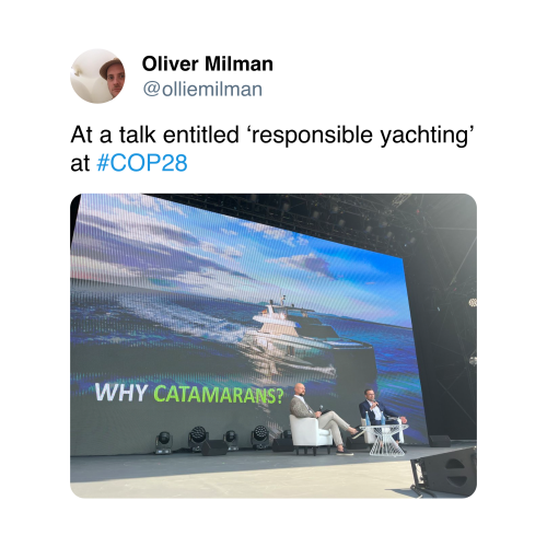 Oliver Milman
@olliemilman
At a talk entitled ‘responsible yachting’ at #COP28