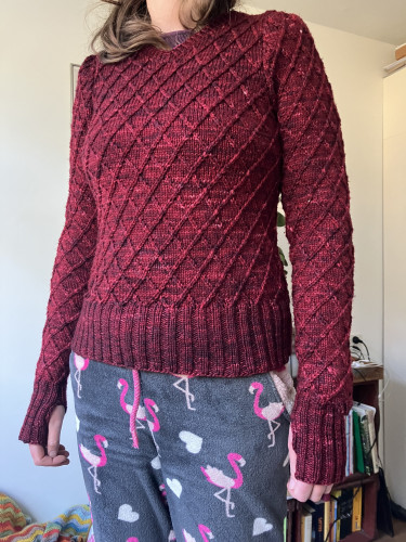 A burgundy sweater with a fence-like allowed pattern and slightly puffy sleeves, styled with teddy cloth trousers with a flamingo pattern