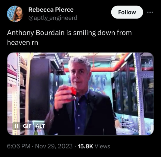 Tweet: Anthony Bourdain is smiling down from heaven rn 
