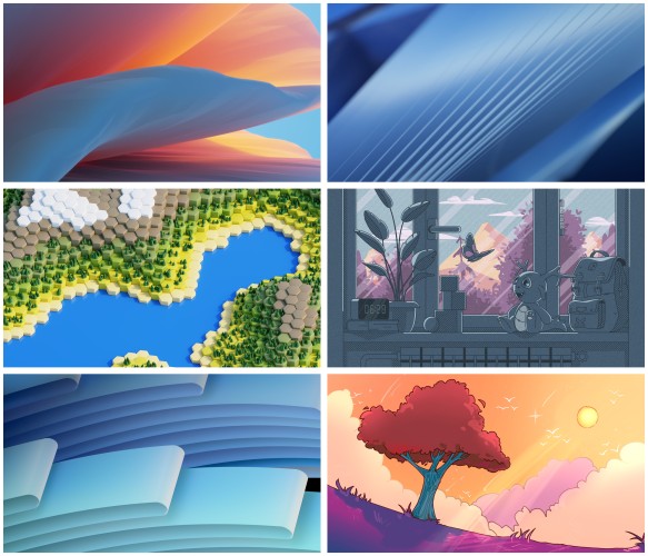 A collage of six colourful and classy background images for Plasma 6.