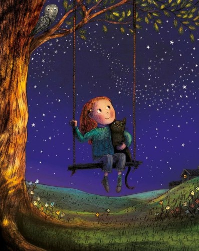 Illustration of a girl on a tree swing with a black cat looking up at the nighttime stars.

Credits: Stardust good night by Briony May Smith