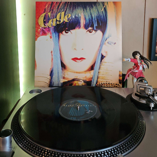 A vinyl record sits on a turntable. Behind the turntable, a vinyl album outer sleeve is displayed. The front cover shows a headshot of Akina Nakamori as she holds her fists up next to her face. 