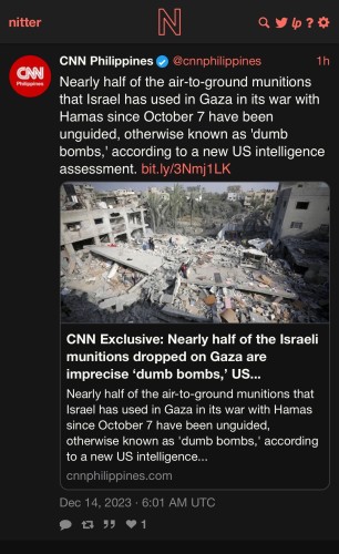 A screenshot from a social media platform showing a post by CNN Philippines, including an image of a destroyed building with several people standing on the rubble. The accompanying text discusses a report about the munitions used by Israel in Gaza.