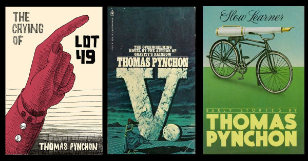 Book covers for 3 of Pynchon's novels: The Crying of Lot 49, V, and Slow Learner