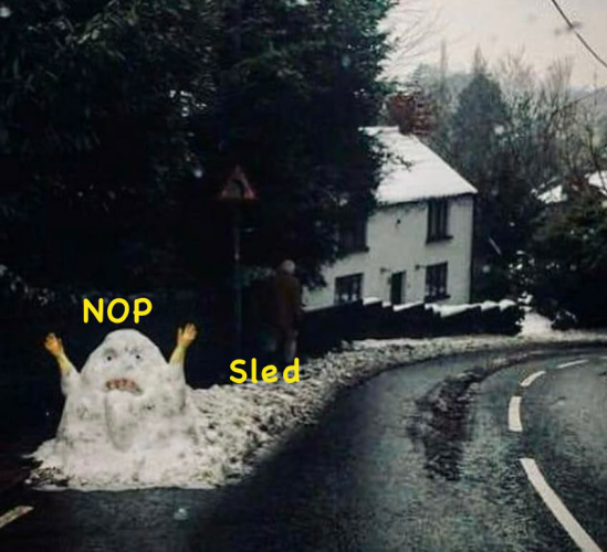 Scare-snowman seemingly marching up. a hill leaving a trail of melting behind.  

Pictured from top-down with the snowman captioned "NOP" and the trail of snow captioned "Sled"

Uncaptioned picture via: @caroletanenbaum