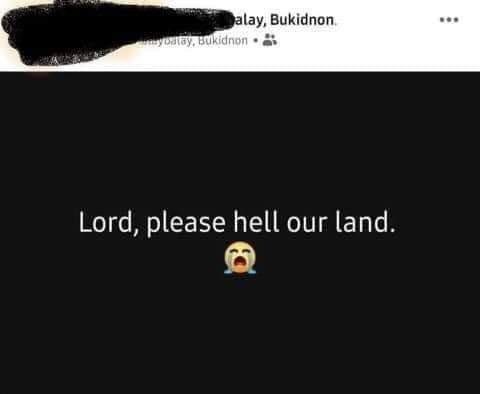 A screenshot of an SNS post that says, “Lord, hell our land”.