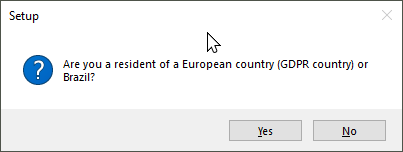 A yes/no popup titled "Setup"

> Are you a resident of a European country (GDPR country) or Brazil?