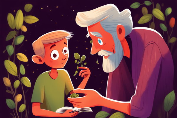 Colourful fairytale illustration of young boy talking to a mysterious old man holding beans. 

Credits: Playground AI