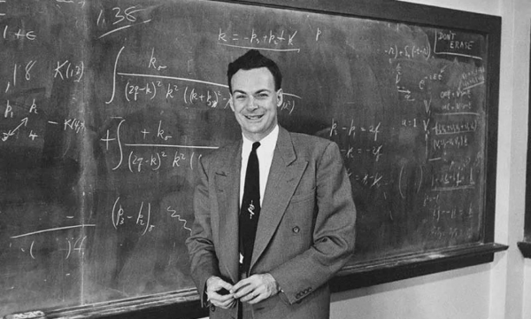 Richard Feynman in front of large chalkboard displaying math equations.

Source: Caltech Digital Collections