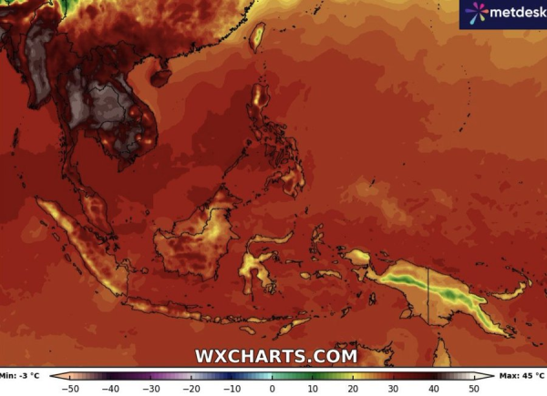 Satellite map of Asia showing extreme heat.